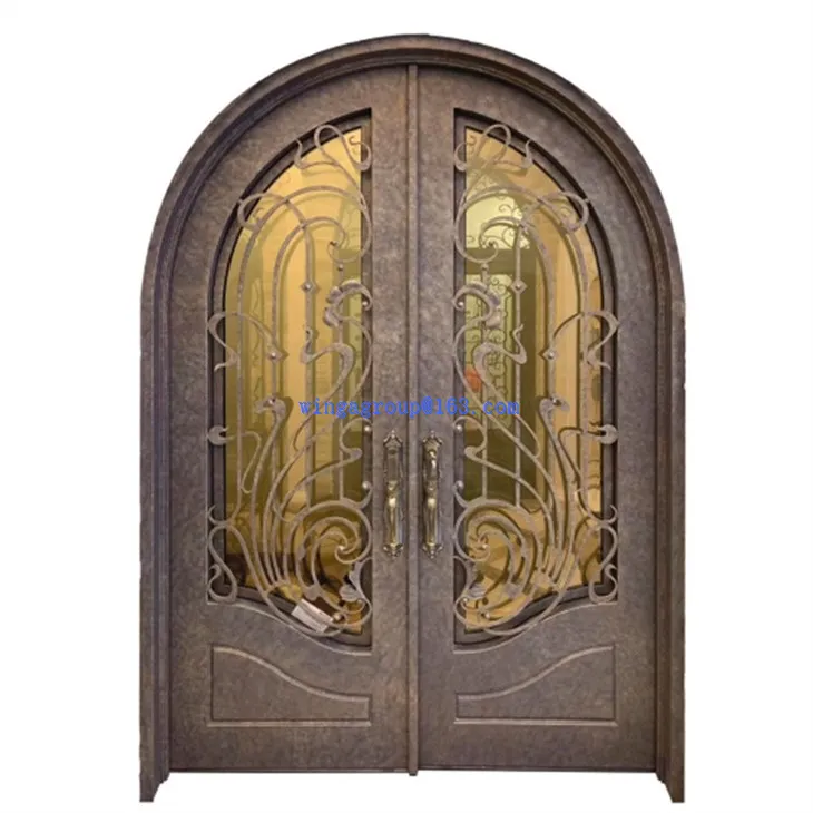 Unique Iron Flower Golden Color Front Entry Exterior Handmade Wrought Iron Double Door